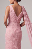 Pink Floral V-Neck Mermaid Long Mother Of the Bride Dress with Streamer