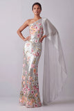 Sparkly Silver Floral Sequin One Shoulder Long Mother Of the Bride Dress with Side Cape