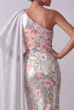 Sparkly Silver Floral Sequin One Shoulder Long Mother Of the Bride Dress with Side Cape