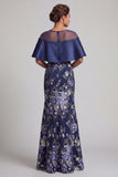 Navy Floral Mermaid Beaded Long Mother Of the Bride Dress with cape