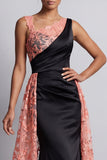Watermelon and Black Mermaid Ruched Long Mother Of the Bride Dress with Cape