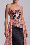 Watermelon and Black One Shoulder Lace Mermaid Long Mother Of the Bride Dress with Cape