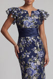 Navy Floral Sheath Ruffle Sleeves Long Mother Of the Bride Dress