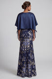 Navy Floral Mermaid Long Mother Of the Bride Dress with Cape