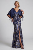 Navy Floral Mermaid Long Mother Of the Bride Dress with Cape