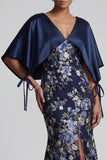 Navy Floral Mermaid Long Mother Of the Bride Dress with Cape