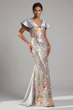 Sparkly Silver Floral Sequin Mermaid Long Mother Of the Bride Dress with Cape