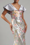 Sparkly Silver Floral Sequin Mermaid Long Mother Of the Bride Dress with Cape