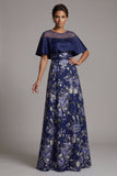 Navy Floral Beaded A Line Long Mother Of the Bride Dress with Cape