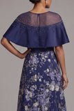 Navy Floral Beaded A Line Long Mother Of the Bride Dress with Cape