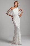 Sparkly White Beaded Mermaid One Shoulder Long Mother Of the Bride Dress