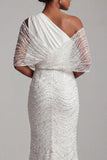Sparkly White Beaded Mermaid One Shoulder Long Mother Of the Bride Dress