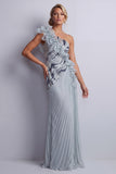 Sparkly Dusty Blue Chiffon Ruffled One Shoulder Long Mother Of the Bride Dress