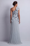 Sparkly Dusty Blue Chiffon Ruffled One Shoulder Long Mother Of the Bride Dress