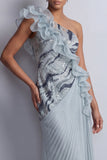 Sparkly Dusty Blue Chiffon Ruffled One Shoulder Long Mother Of the Bride Dress