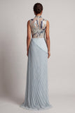 Dusty Blue Chiffon Pleated High Neck Long Mother Of the Bride Dress