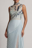Dusty Blue Chiffon Pleated High Neck Long Mother Of the Bride Dress