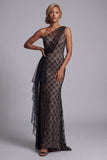 Black Plaid One Shoulder Mermaid Long Mother Of the Bride Dress with Ruffles