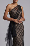 Black Plaid One Shoulder Mermaid Long Mother Of the Bride Dress with Ruffles
