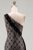 Black Plaid One Shoulder Mermaid Long Mother Of the Bride Dress with Ruffles