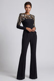 Sparkly Black Sequins Long Sleeves Round Neck Ruched Mothe Of the Bride Jumpsuits