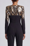 Sparkly Black Sequins Long Sleeves Round Neck Ruched Mothe Of the Bride Jumpsuits