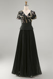 Sparkly Black Chiffon Pleated A Line Long Mother Of the Bride Dress with Sleeves