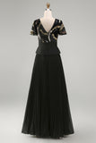 Sparkly Black Chiffon Pleated A Line Long Mother Of the Bride Dress with Sleeves