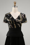 Sparkly Black Chiffon Pleated A Line Long Mother Of the Bride Dress with Sleeves
