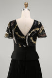 Sparkly Black Chiffon Pleated A Line Long Mother Of the Bride Dress with Sleeves