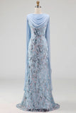 Sparkly Sky Blue Beaded Mermaid Long Mother Of the Bride Dress with Cape