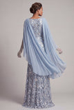 Sparkly Sky Blue Beaded Mermaid Long Mother Of the Bride Dress with Cape