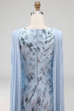 Sparkly Sky Blue Beaded Mermaid Long Mother Of the Bride Dress with Cape