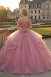 Pink Off the Shoulder Ball Gown Ruffled Sequins Quinceanera Dress
