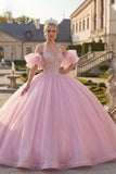 Pink Halter Neck Ball Gown Beaded Corset Quinceanera Dress with Puff Sleeves