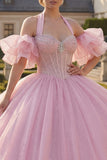 Pink Halter Neck Ball Gown Beaded Corset Quinceanera Dress with Puff Sleeves