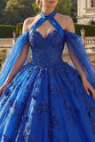 Royal Blue Halter Neck Ball Gown Appliqued Quinceanera Dress with Cape Sleeves