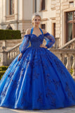 Ball Gown Halter Neck Royal Blue Appliqued Glitter Quinceanera Dress