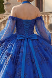 Ball Gown Halter Neck Royal Blue Appliqued Glitter Quinceanera Dress