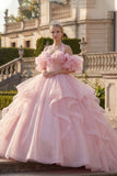 Ball Gown Halter Neck Blush Ruffled Quinceanera Dress with Puff Sleeves