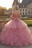 One Shoulder Pink Ball Gown Ruffled Sequins Quinceanera Dress with Long Sleeve