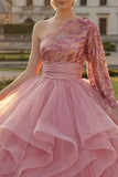 One Shoulder Pink Ball Gown Ruffled Sequins Quinceanera Dress with Long Sleeve