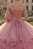 One Shoulder Pink Ball Gown Ruffled Sequins Quinceanera Dress with Long Sleeve
