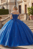 Off the Shoulder Royal Blue Ball Gown Beaded Glitter Quinceanera Dress