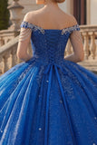 Off the Shoulder Royal Blue Ball Gown Beaded Glitter Quinceanera Dress