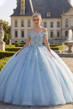 Light Blue Off the Shoulder Ball Gown Appliqued Corset Quinceanera Dress