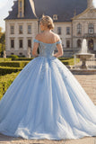 Light Blue Off the Shoulder Ball Gown Appliqued Corset Quinceanera Dress