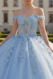 Light Blue Off the Shoulder Ball Gown Appliqued Corset Quinceanera Dress