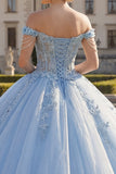 Light Blue Off the Shoulder Ball Gown Appliqued Corset Quinceanera Dress