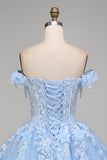 Light Blue Off the Shoulder Ball Gown Appliqued Corset Quinceanera Dress